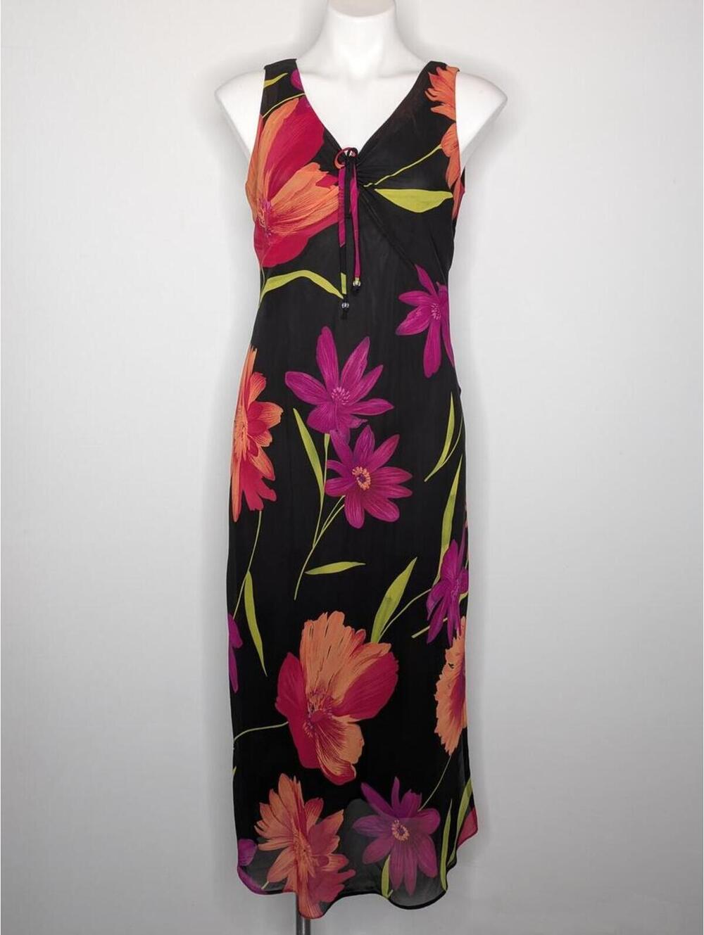 Vintage Positive Attitude Y2K 90s Black Purple Orange Floral Summer Sun Dress 8